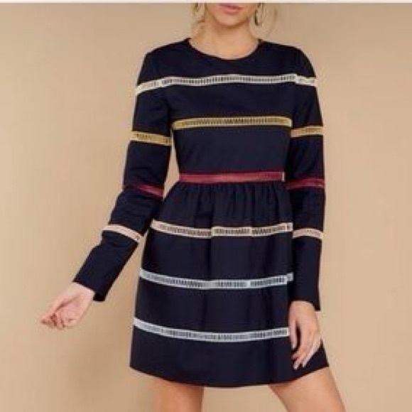 English Factory A Line Dress Cotton Mini Stripe Lattice Cutout Detail Navy Sz S - Picture 1 of 14